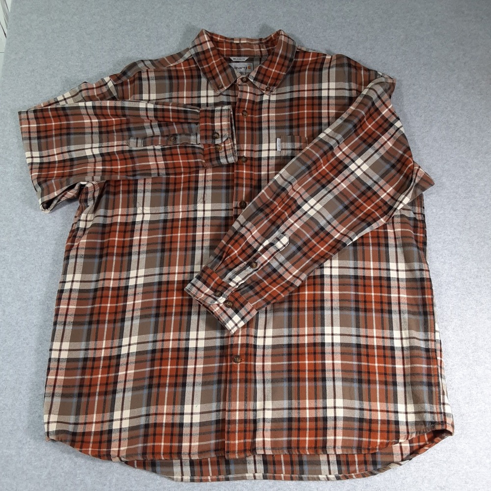 Carhartt Mens XL Relaxed Fit Plaid Button Down Shirt Orange Brown 102217 235